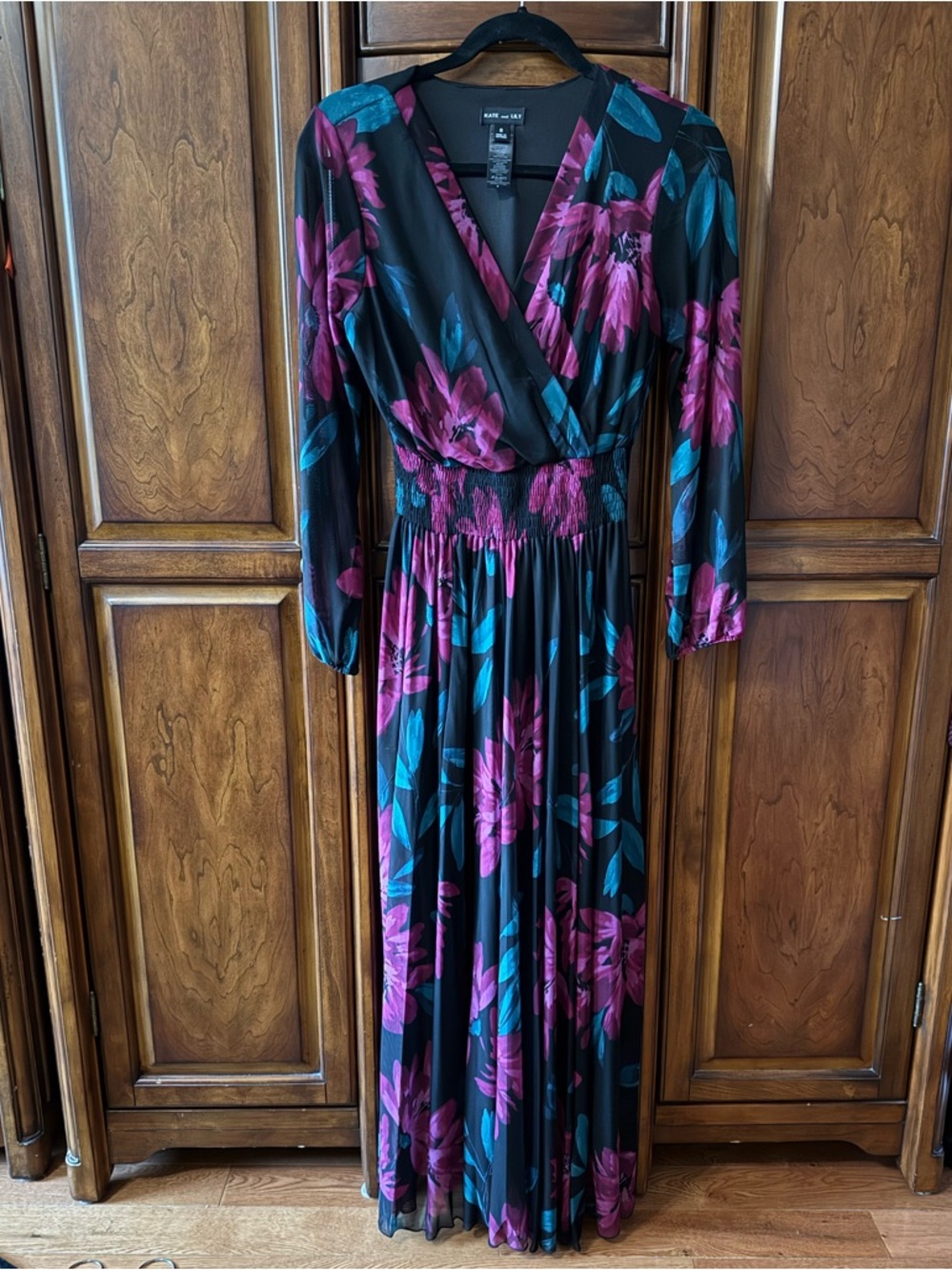 NWOT Black Maxi Dress with Magenta and Teal Floral Print